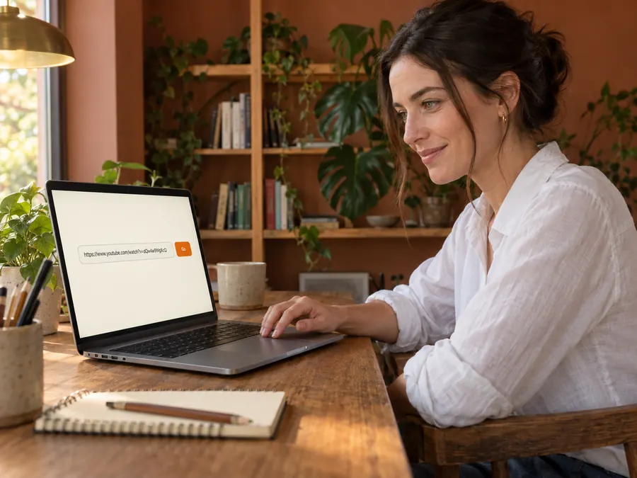 A creator at her desk, her laptop showing a YouTube link pasted into a field