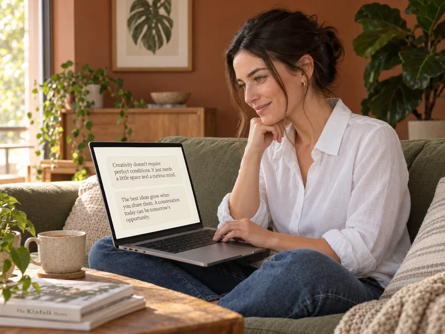 The same creator on her sofa, two of her own posts on the laptop screen