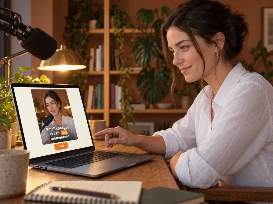 The same creator at her desk, editing the captions of a clip of herself in the editor on the laptop