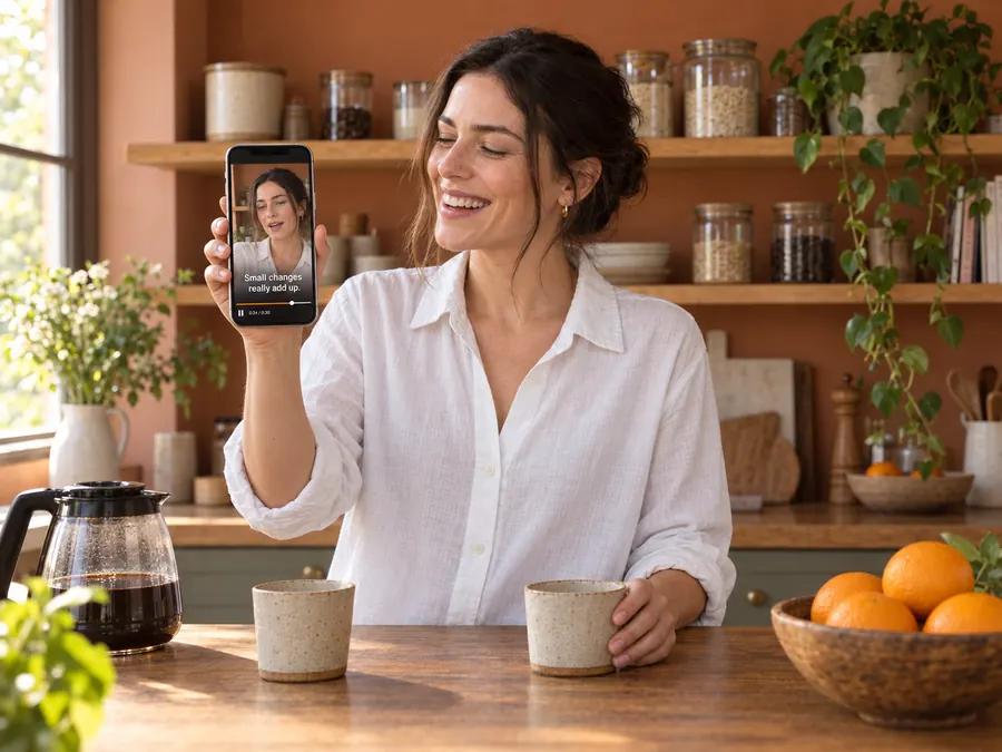 The same creator in her kitchen, holding up her phone with the finished captioned clip